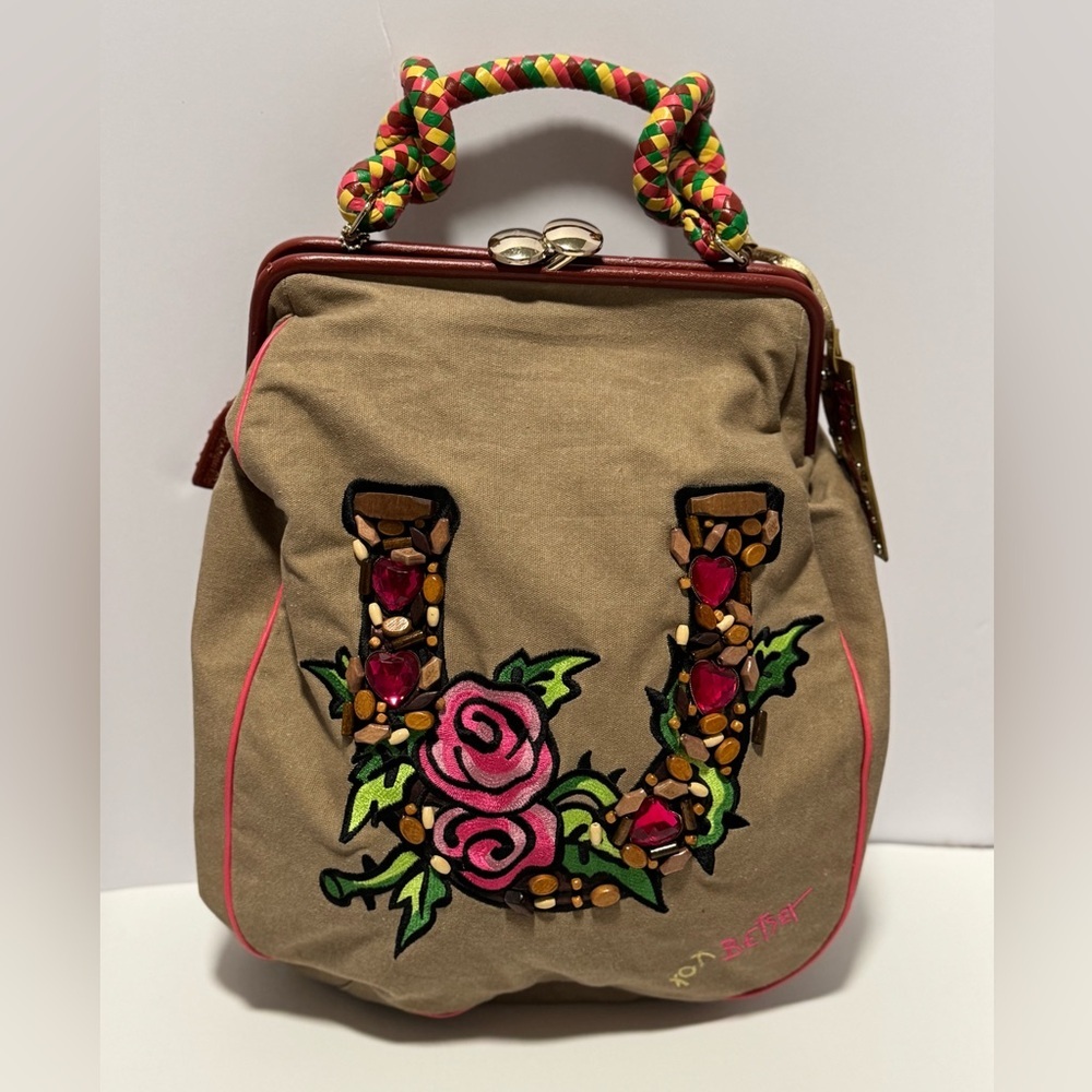 Betsey Johnson Tan Satchel with Floral Embroidery